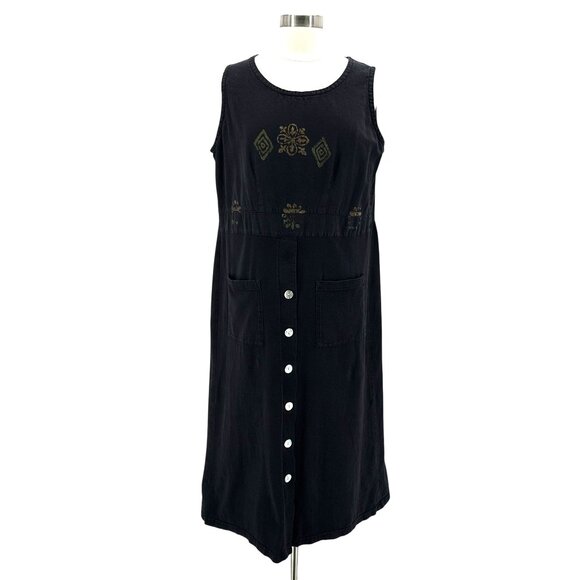 Vintage Blue Cactus Womens Large Dress Linen Blend Sleeveless Jumper Boho Black - Picture 1 of 12